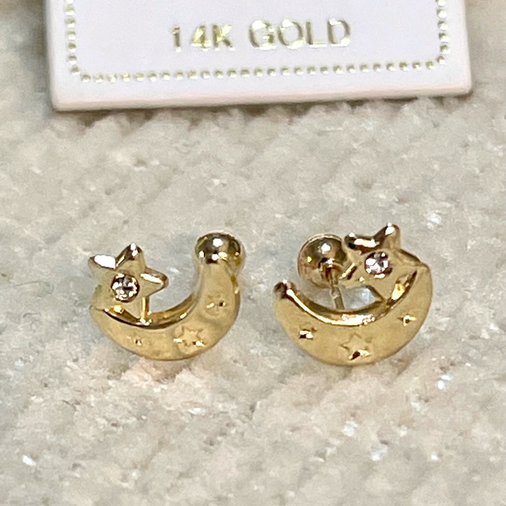 Solid Yellow Gold 14 Karat Half Moon Cz Earring